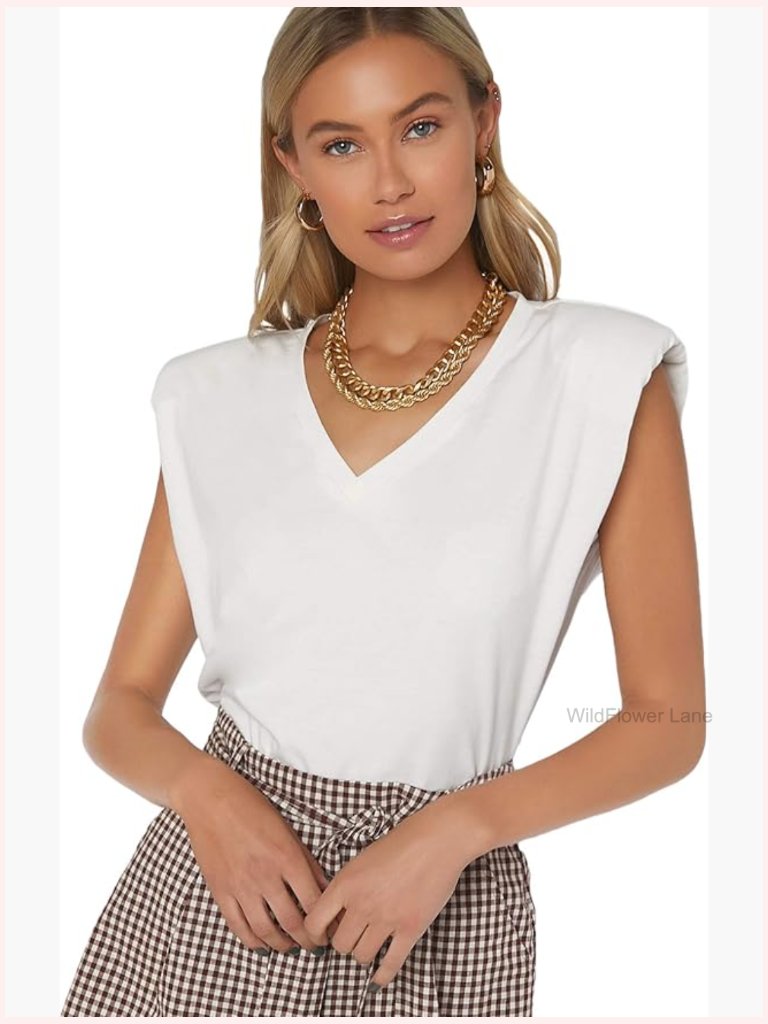 V Neck Shoulder Padded Sleeveless Blouse Tank Top Work Office